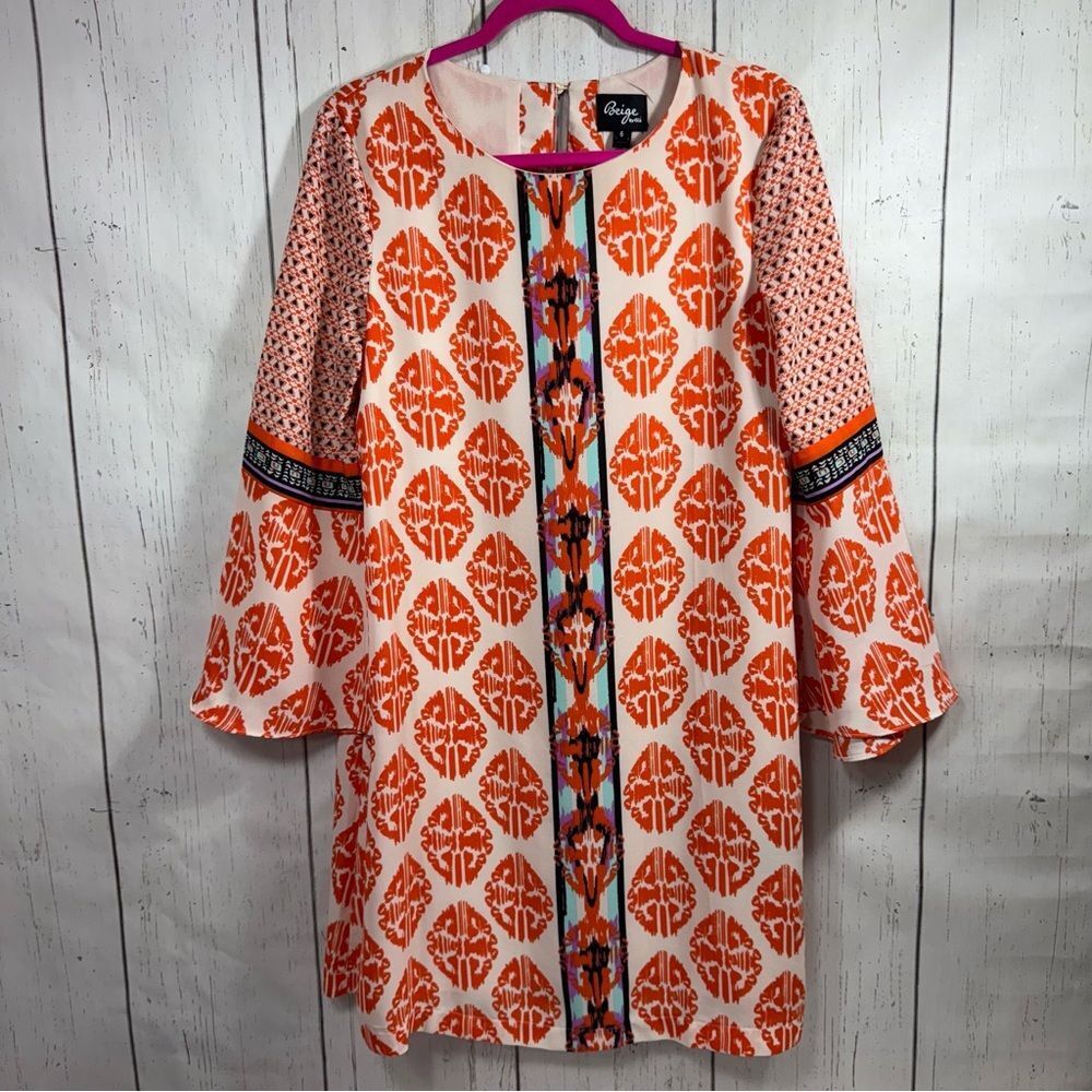 Beige by ECI Bell Sleeve Boho Tunic Dress Orange Cream Size 6 Resort Festival